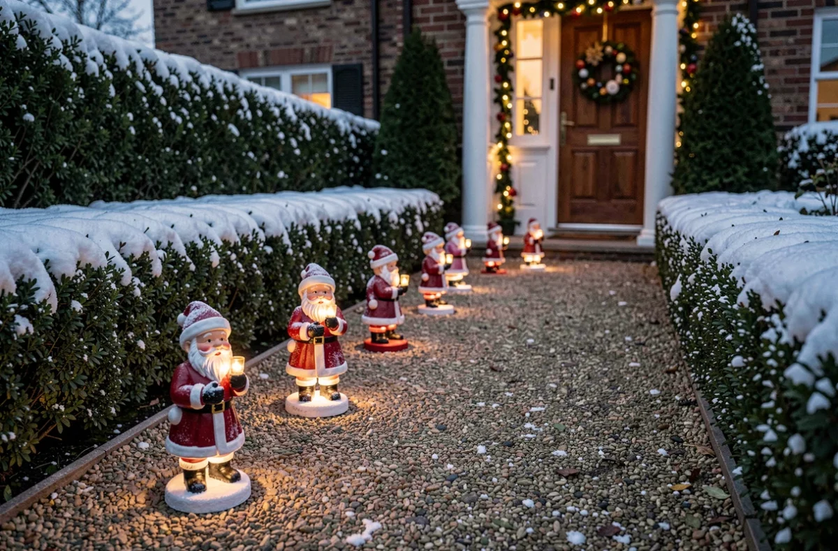 Allée de jardin décorée avec une rangée de figurines de père Noël illuminées au crépuscule hivernal