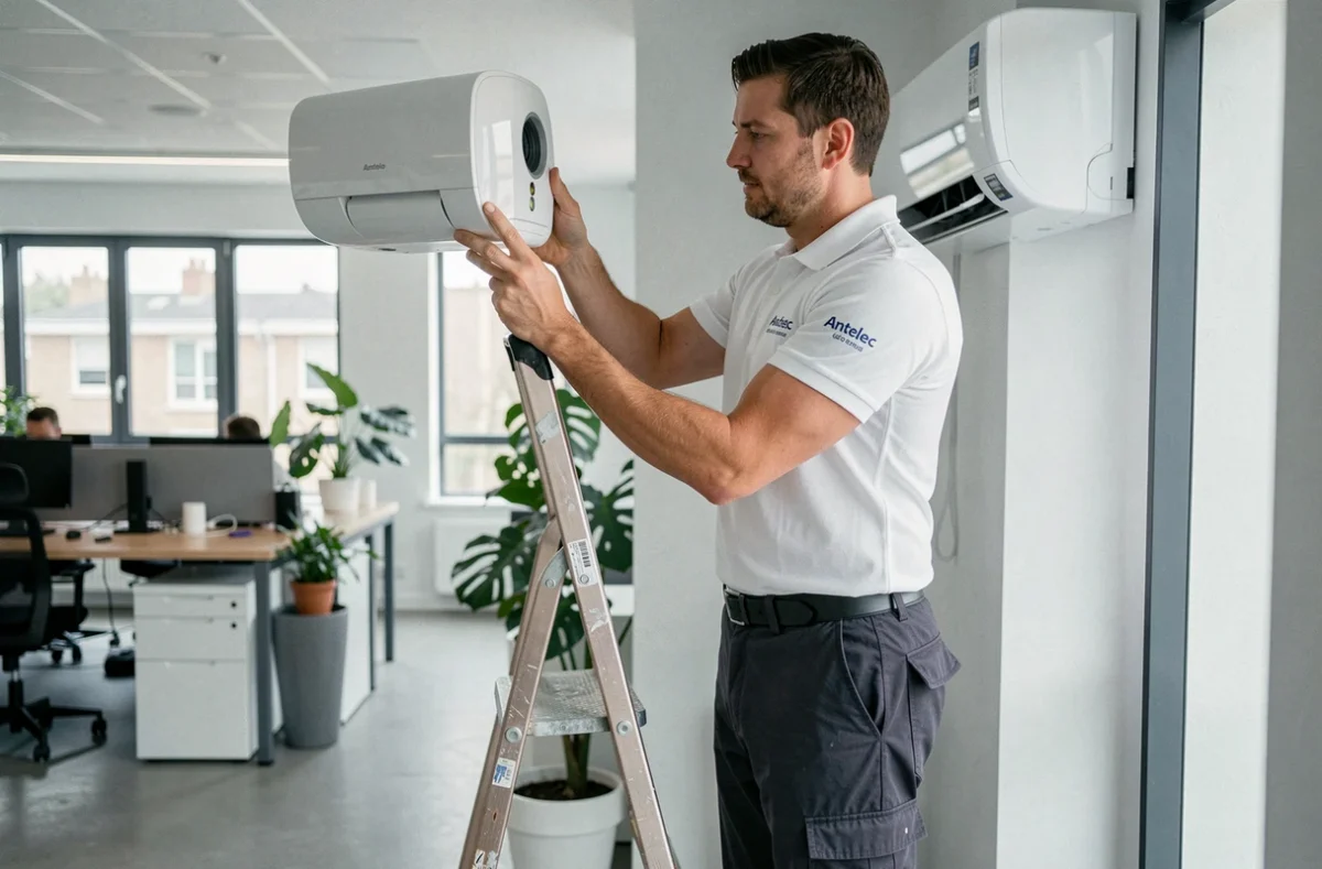 Technicien Antelec installant un climatiseur mural dans un bureau moderne en open space