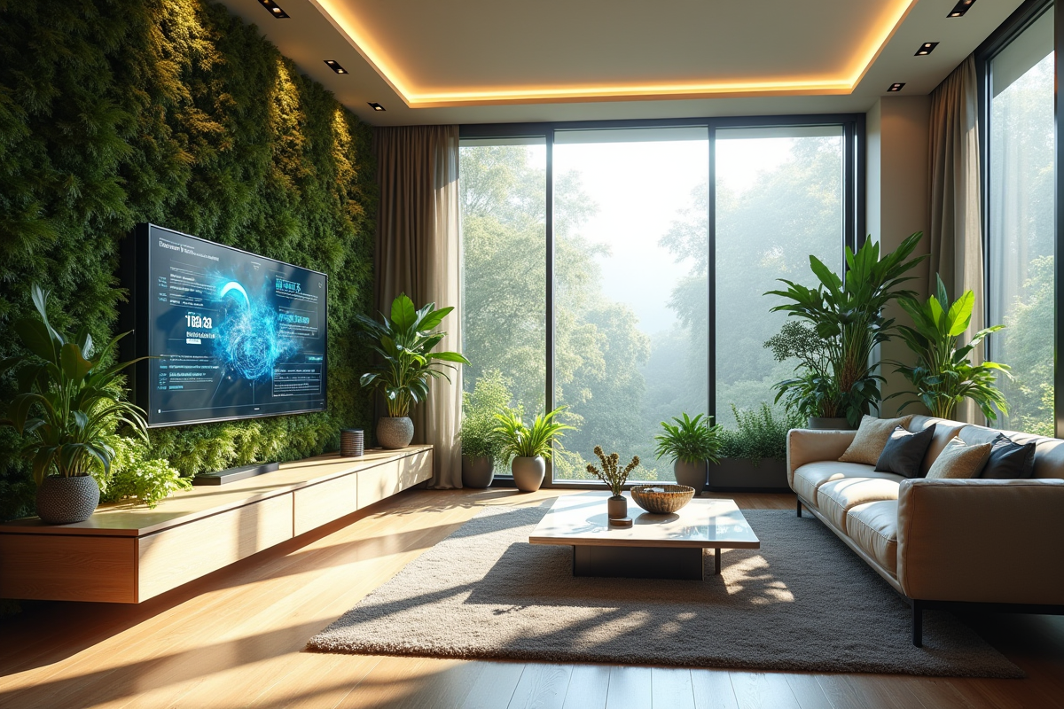 Intérieur d un appartement futuriste écologique avec murs digitaux et jardin vertical