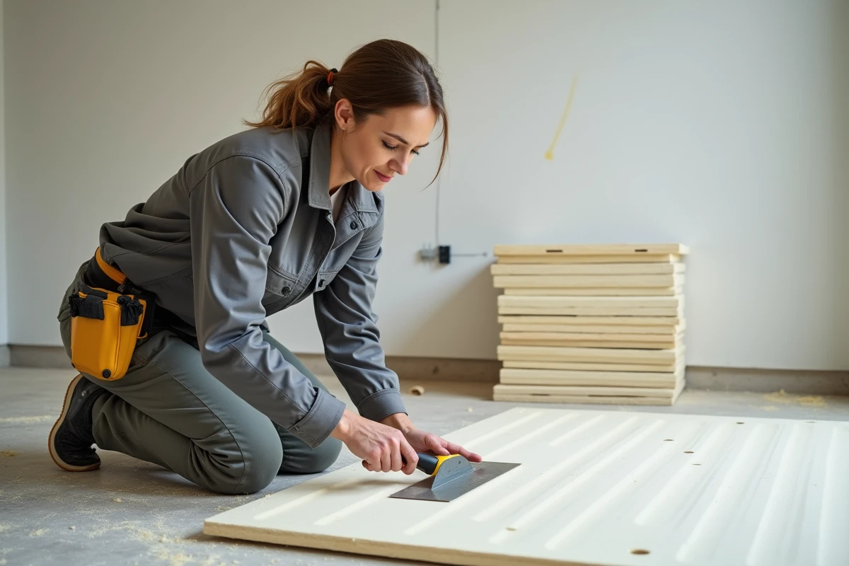 Femme appliquant de la colle sur une plaque isolante avant fixation sur un mur intérieur en rénovation