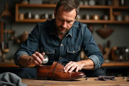 Homme appliquant de la graisse pour chaussure en cuir Oxford marron sur un établi en bois avec des produits d'entretien en arrière-plan