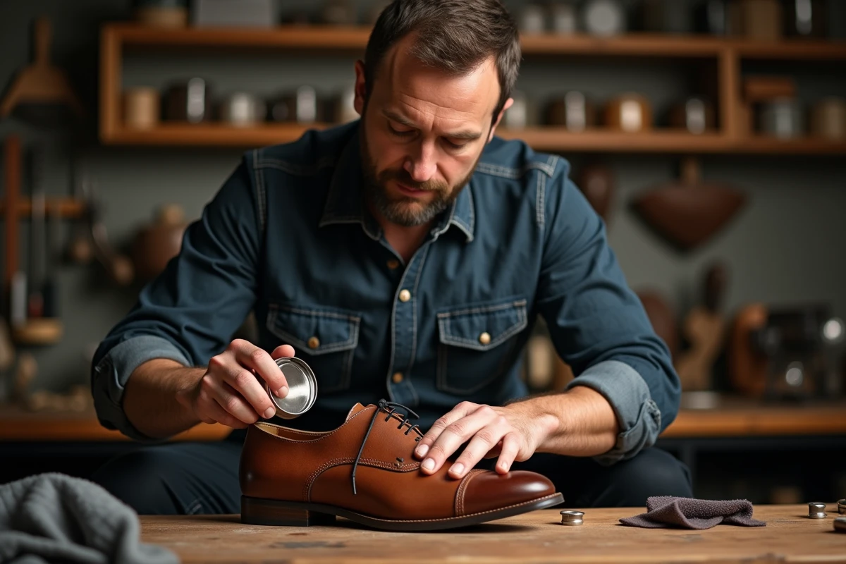 Homme appliquant de la graisse pour chaussure en cuir Oxford marron sur un établi en bois avec des produits d'entretien en arrière-plan