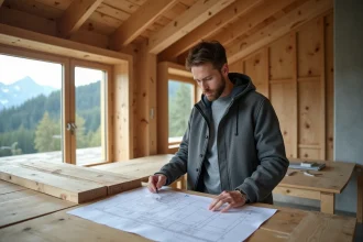 Jeune architecte dans un chalet en construction