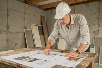 Architecte analysant un devis de rénovation Batievol avec plans et échantillons de matériaux sur une table de chantier