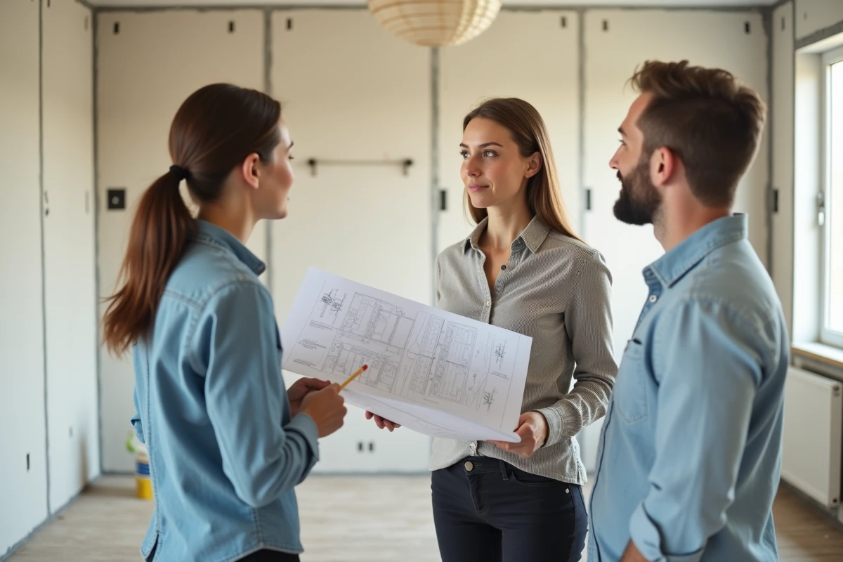 Jeune architecte présentant plans à un propriétaire
