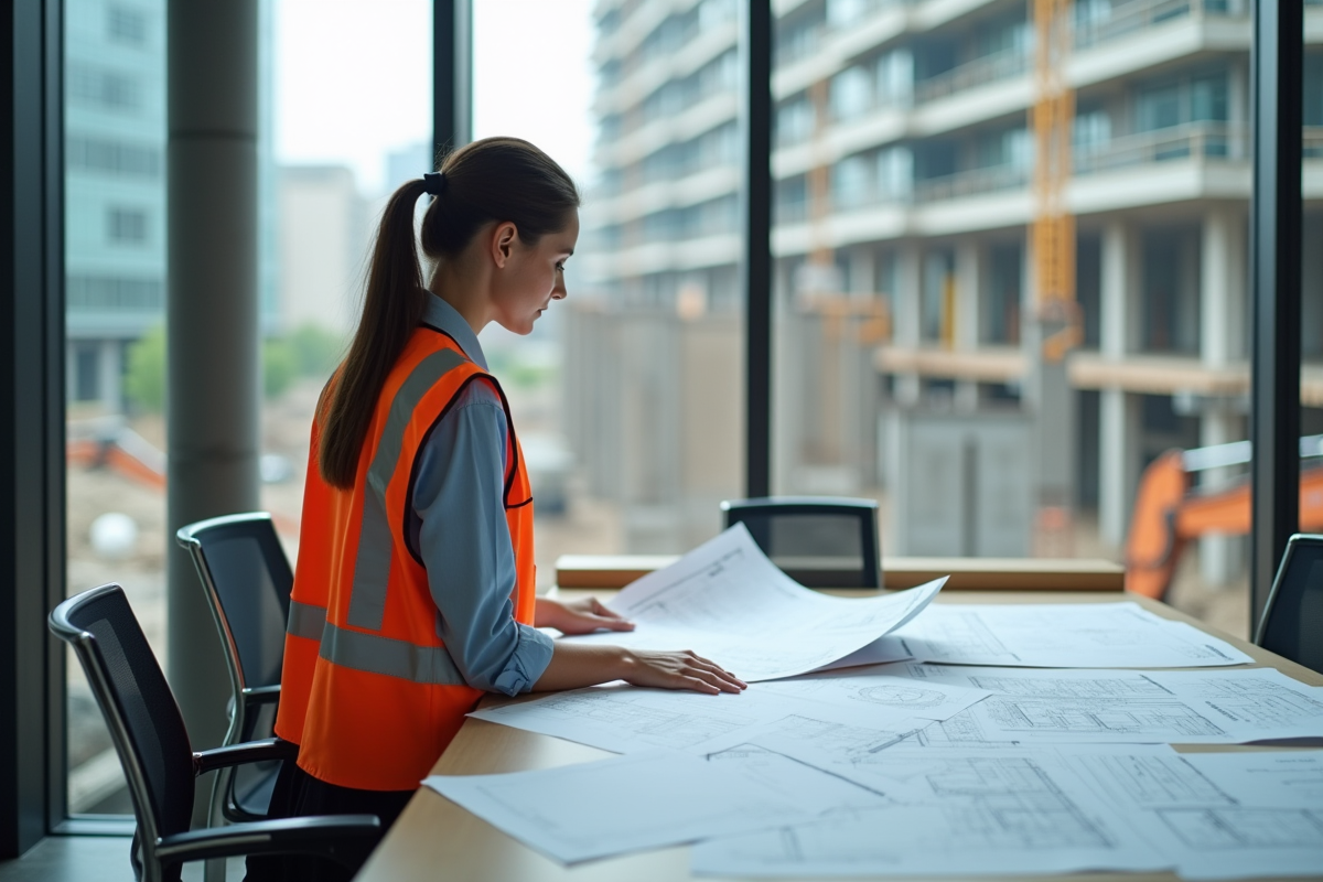Architecte femme analysant des plans avec piliers visibles à l