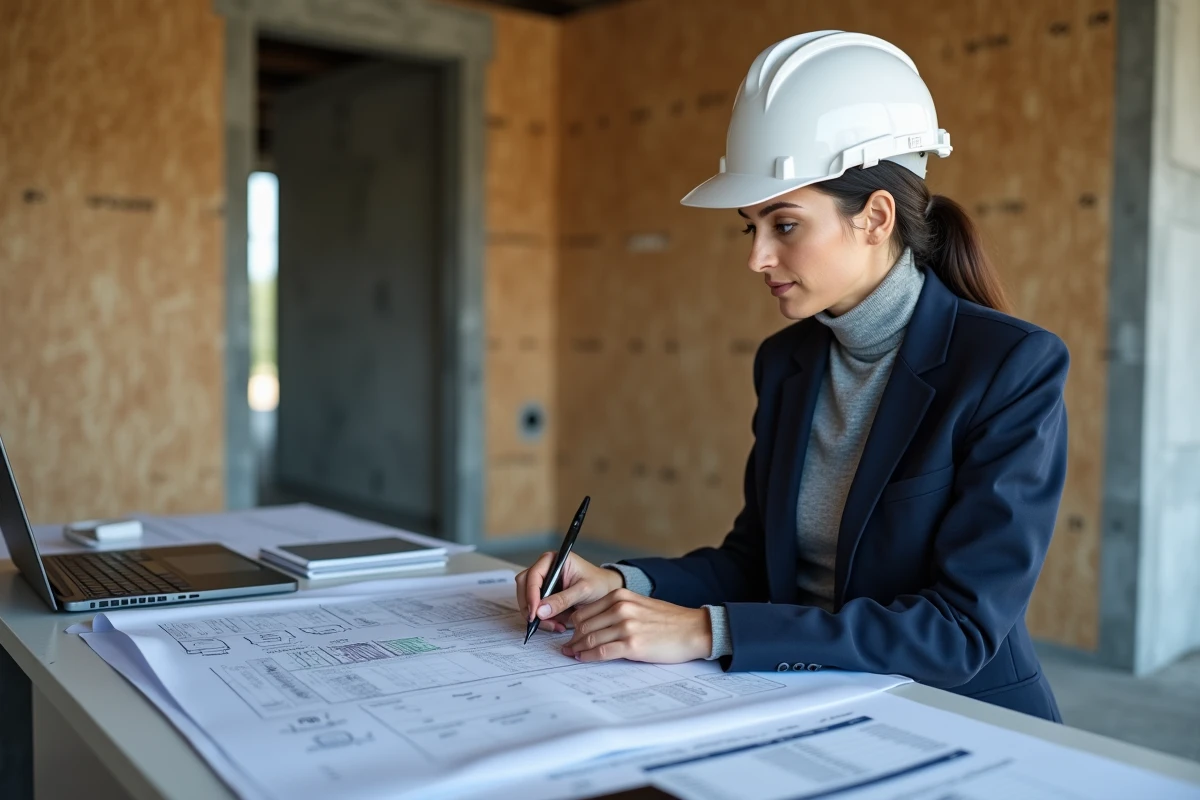 Architecte féminine analysant des plans de construction et un devis béton dans un bureau de chantier temporaire