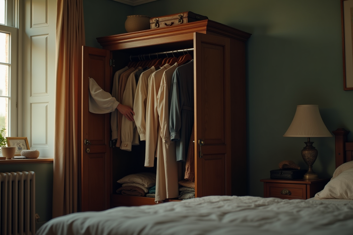 Armoire ouverte avec vêtements anciens et valise en cuir