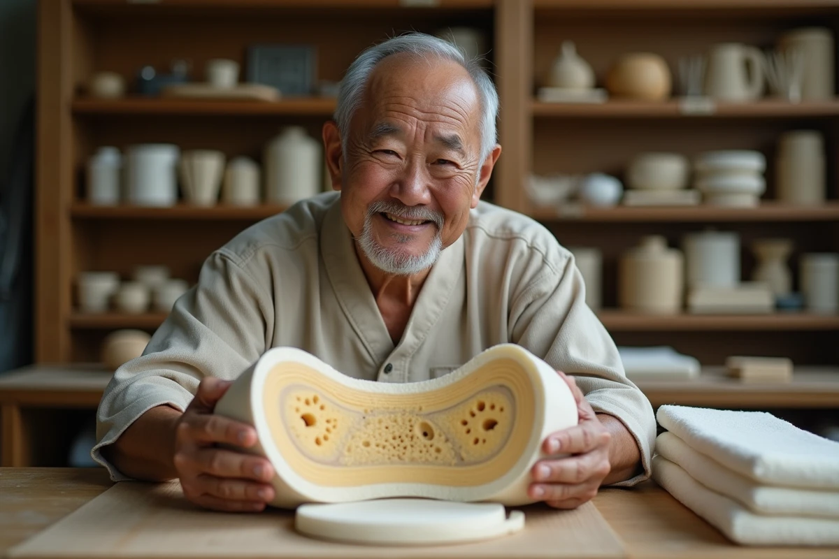 Artisan japonais tient un échantillon de latex naturel dans son atelier