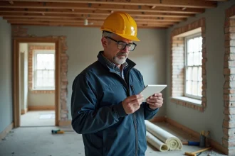 Artisan examinant des panneaux d'isolation dans une maison en cours de rénovation énergétique