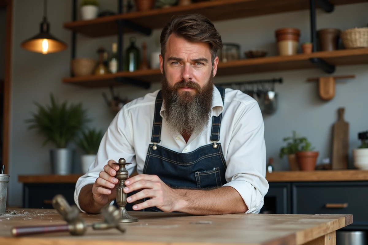 Homme barbu restaurant une lampe dans une cuisine industrielle