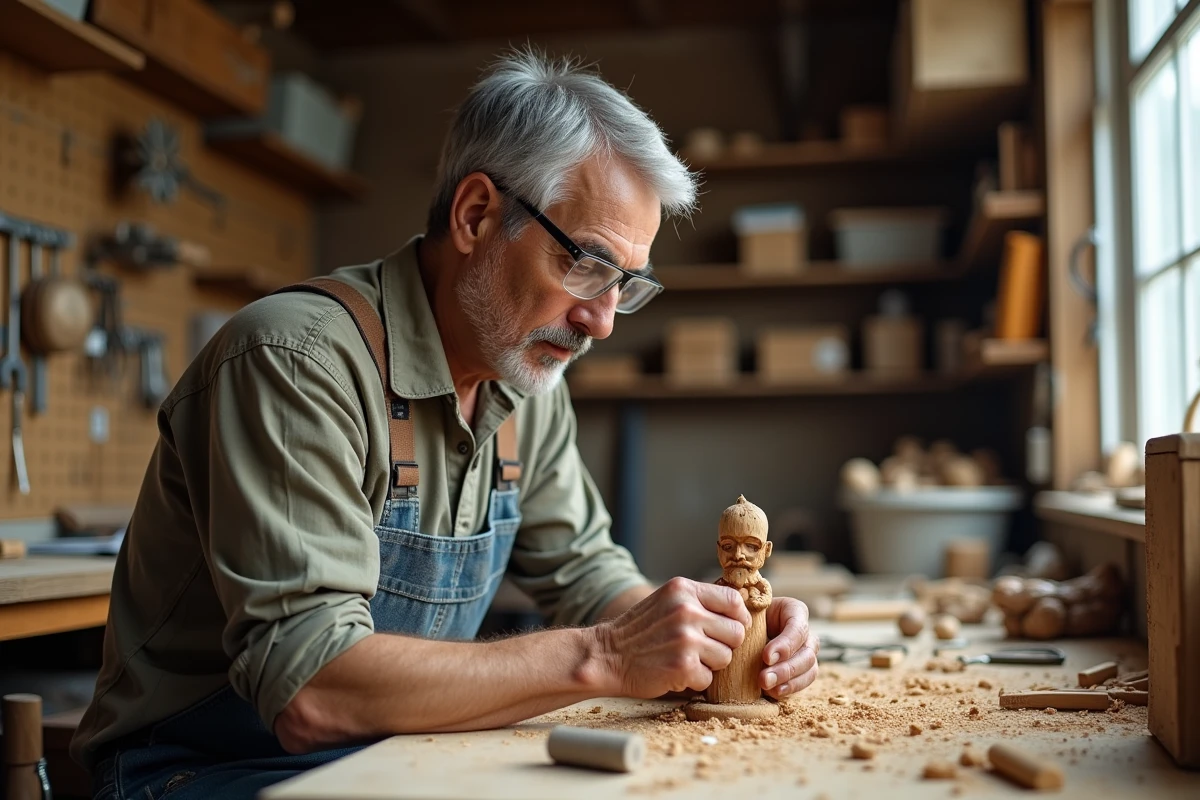 Artisan sculptant à la main une figurine décorative en bois dans un atelier authentique avec outils et matériaux recyclés visibles en arrière-plan