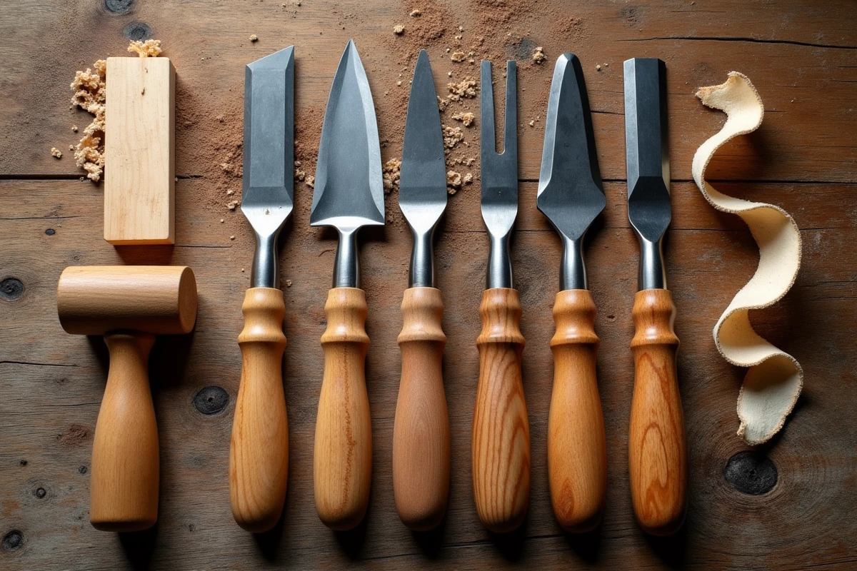 Vue de dessus d'un assortiment de gouges à bois pour débutants posées sur un établi en chêne avec des copeaux de bois