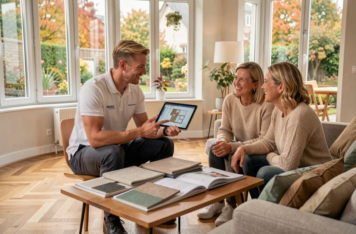 Spécialiste ATC-Home en consultation avec un couple de propriétaires alsaciens pour un projet de rénovation intérieure