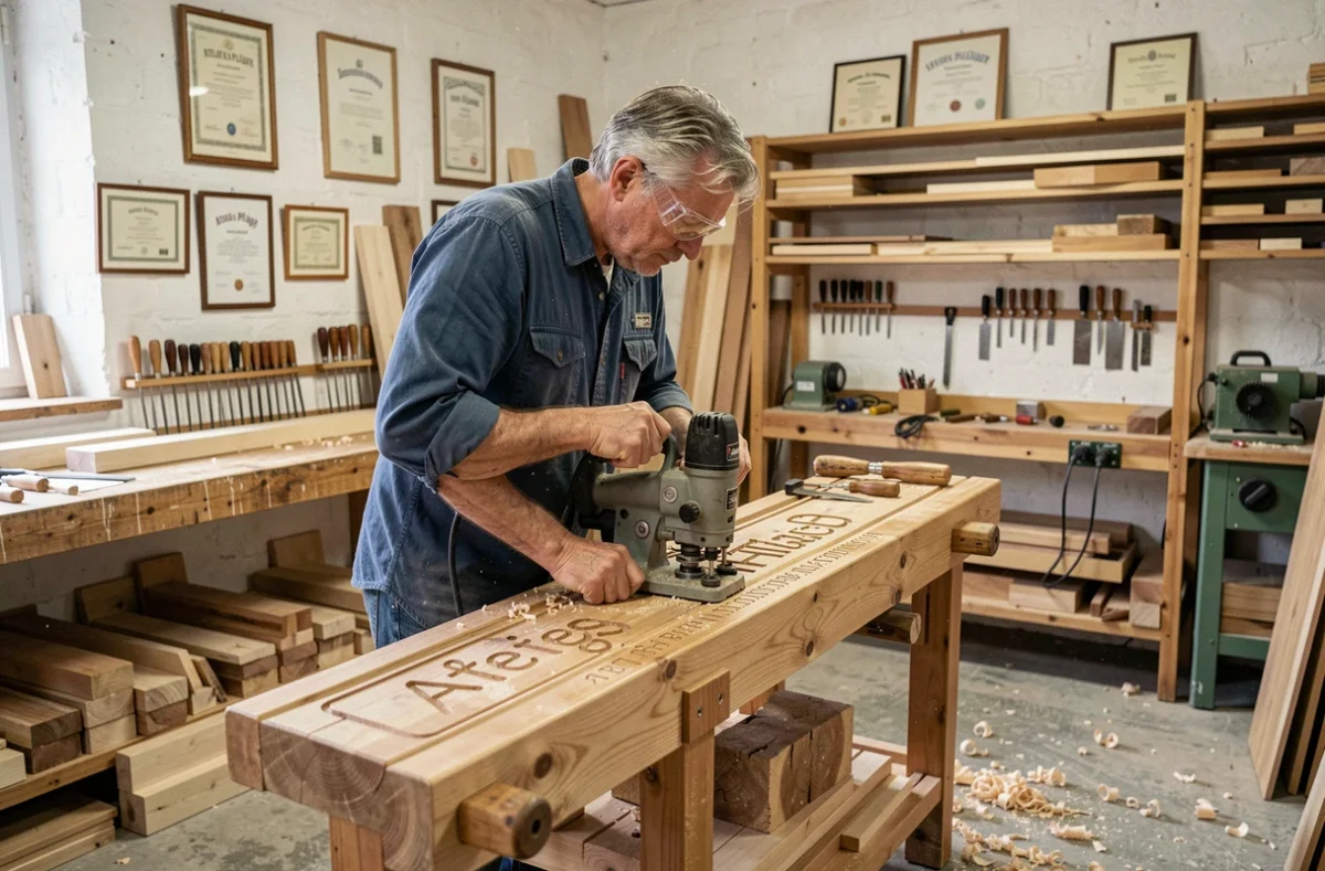 Artisan menuisier des Ateliers Pflüger travaillant sur un cadre en chêne avec une fraiseuse de précision