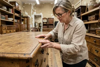 Femme examinant les assemblages à queue d'aronde d'un meuble ancien en chêne dans une boutique d'antiquités