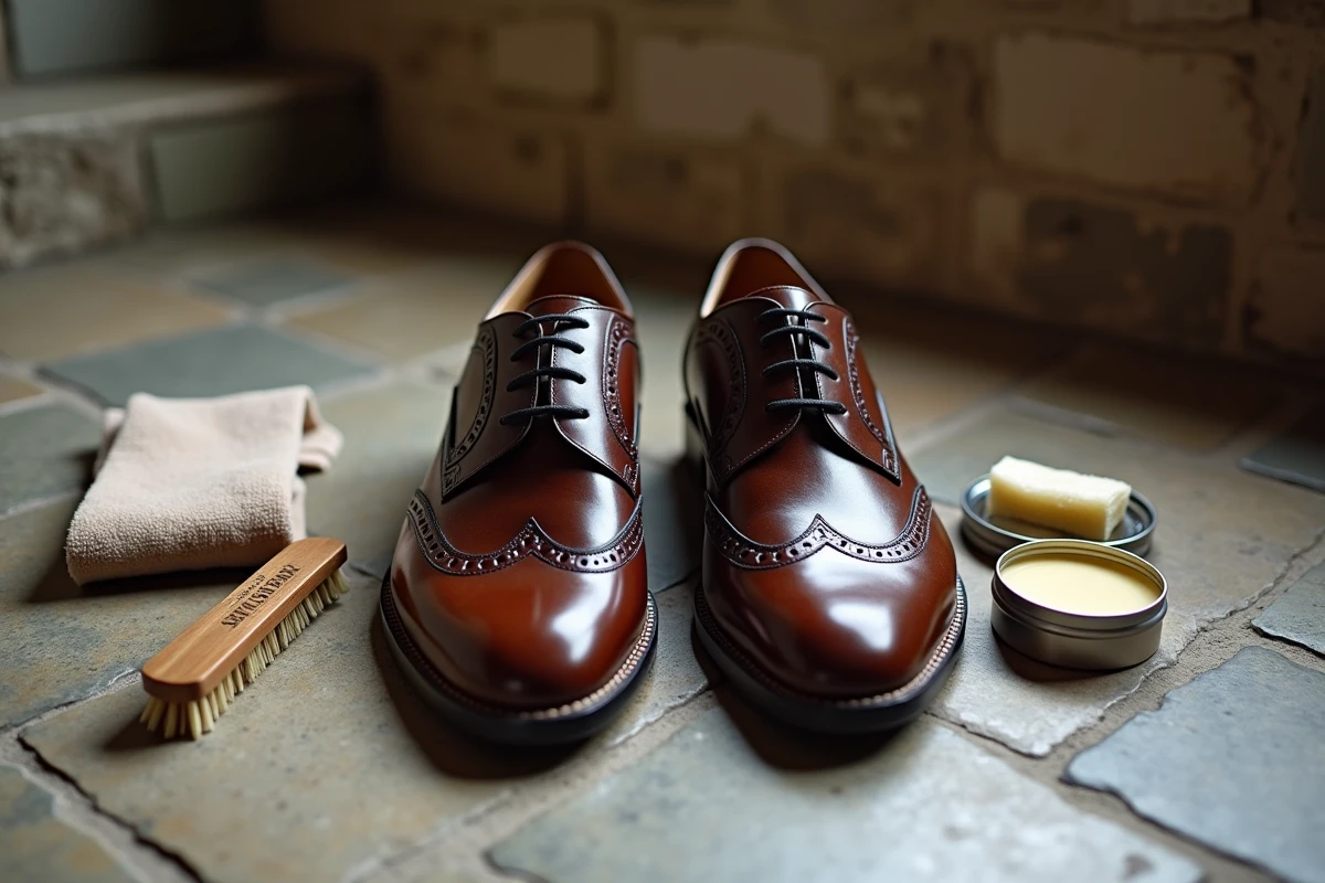 Deux chaussures en cuir brogue posées sur un sol en pierre, l'une cirée et brillante, l'autre mate, avec un chiffon et de la graisse d'entretien à côté