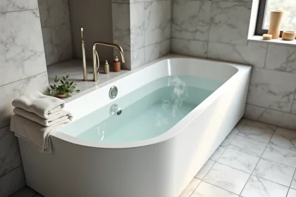Baignoire balnéo autoportante blanche avec jets hydromassants dans une salle de bain moderne aux carreaux marbre gris