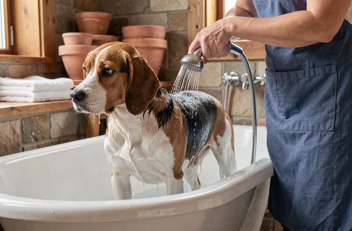 Bain d'un Briquet Beagle dans une baignoire rustique avec soin du pelage à l'eau