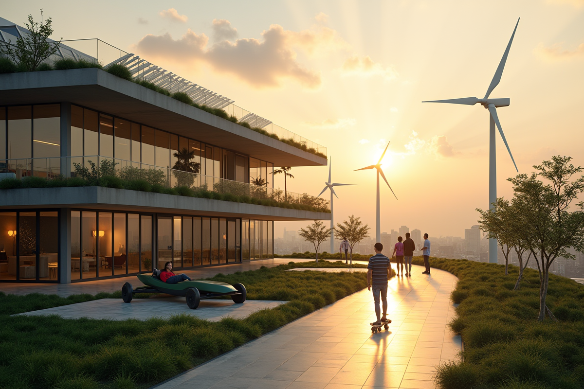 Extérieur d un immeuble urbain au lever du soleil avec toits verts et panneaux solaires