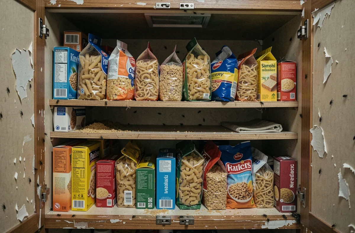 Intérieur d'un placard de cuisine avec des petites bestioles noires visibles sur des étagères en bois contenant des aliments non protégés