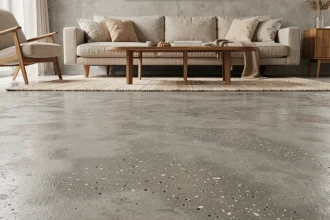 Sol en béton brut poli dans un salon familial moderne avec canapé et tapis en laine