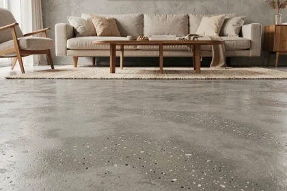 Sol en béton brut poli dans un salon familial moderne avec canapé et tapis en laine