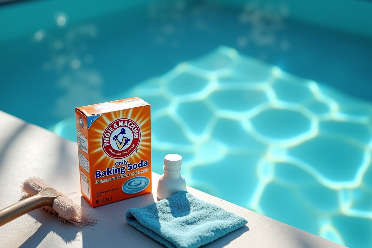 Boîte de bicarbonate de soude sur le bord d'une piscine brillante