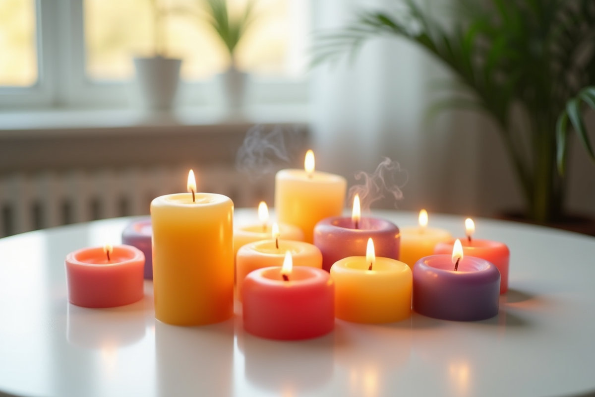 Bougies colorées en demi-cercle sur une table blanche