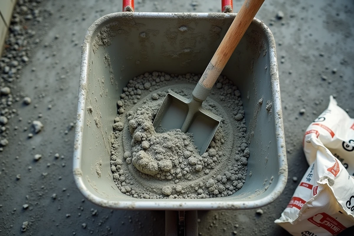 Vue de dessus d'une brouette remplie de béton frais prêt à couler avec sac de ciment vide et pelle sur chantier