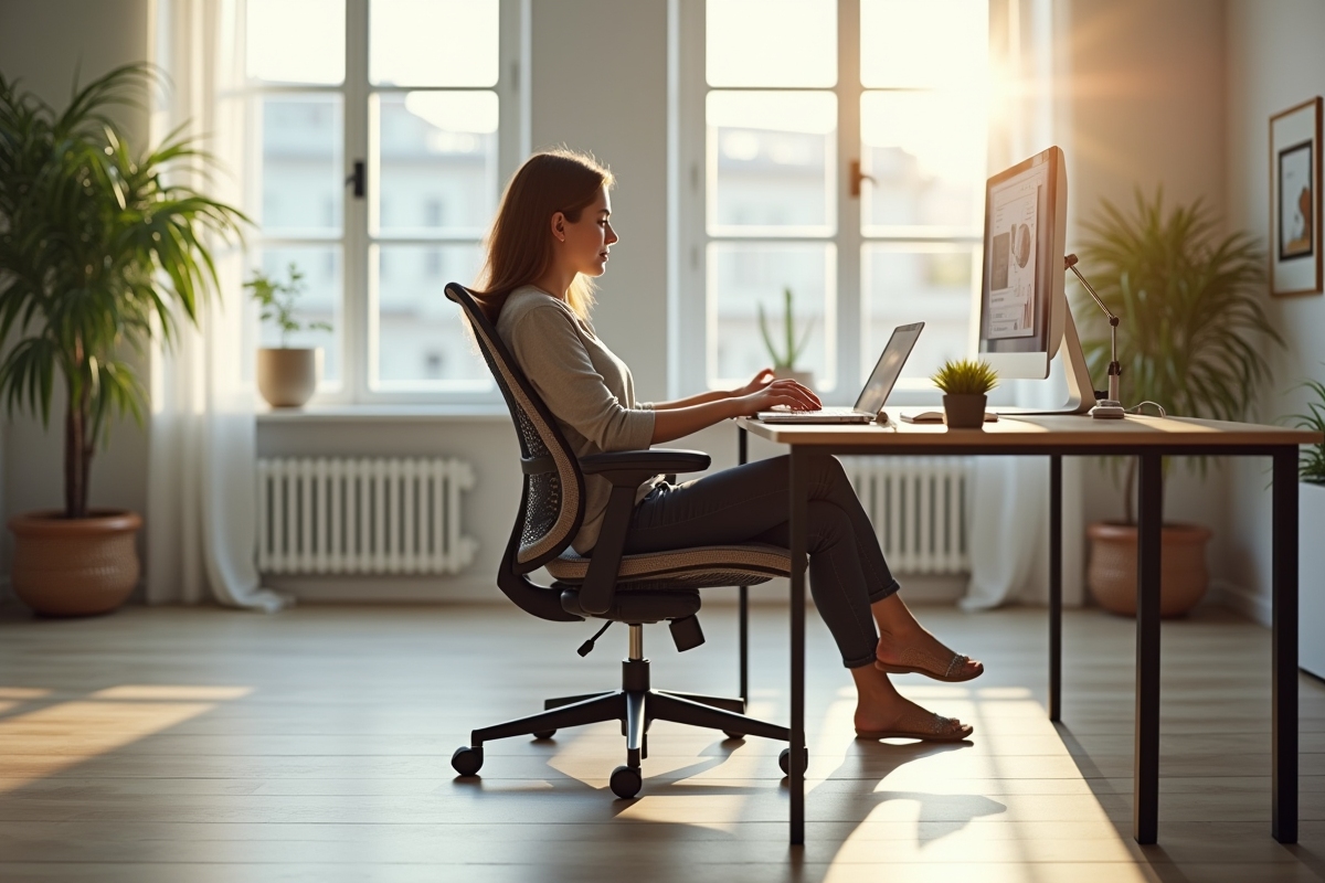Espace de bureau moderne avec chaise ergonomique et lumière naturelle