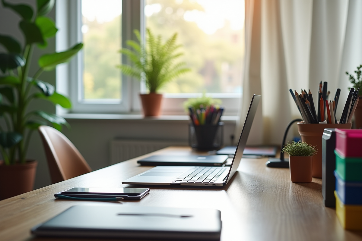 Bureau moderne bien organisé avec ordinateur et plantes