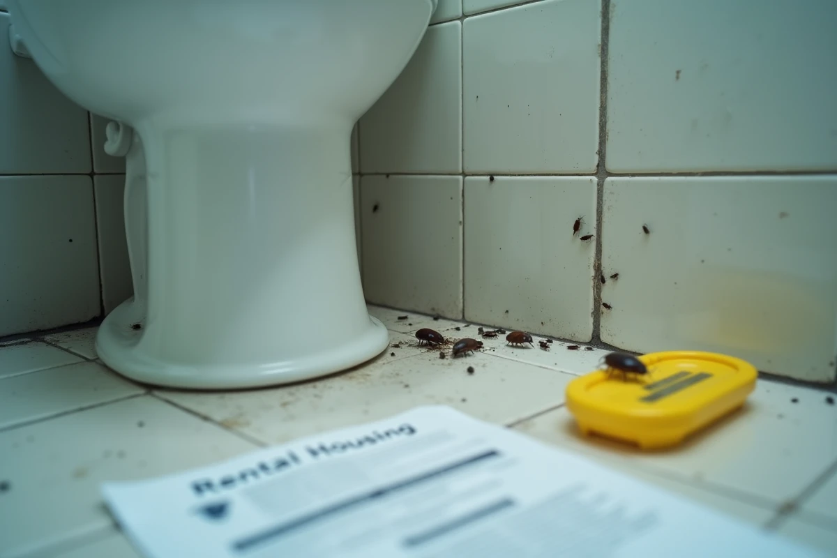 Traces de cafards dans la salle de bain d'un logement locatif avec rapport d'inspection