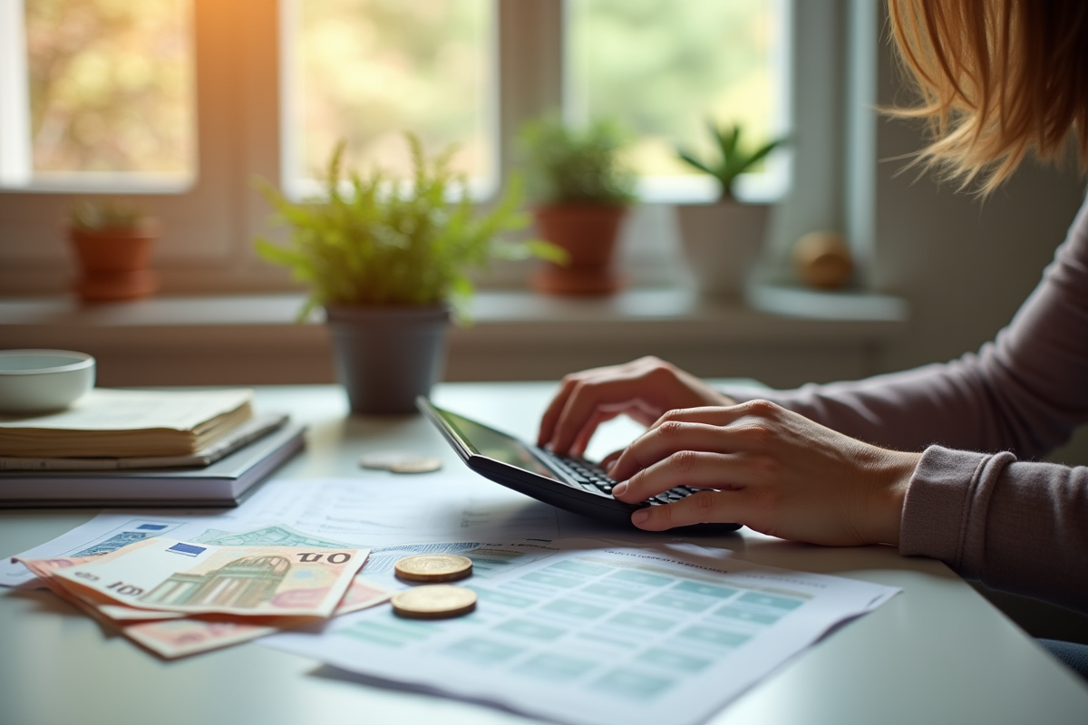 Personne calculant ses dépenses mensuelles avec calculatrice et euros