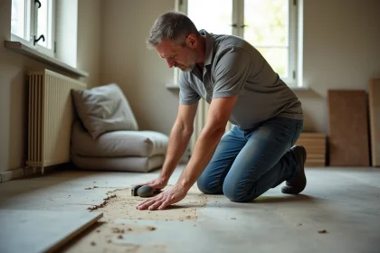 Homme carreleur inspectant un sol en beton avant renovation