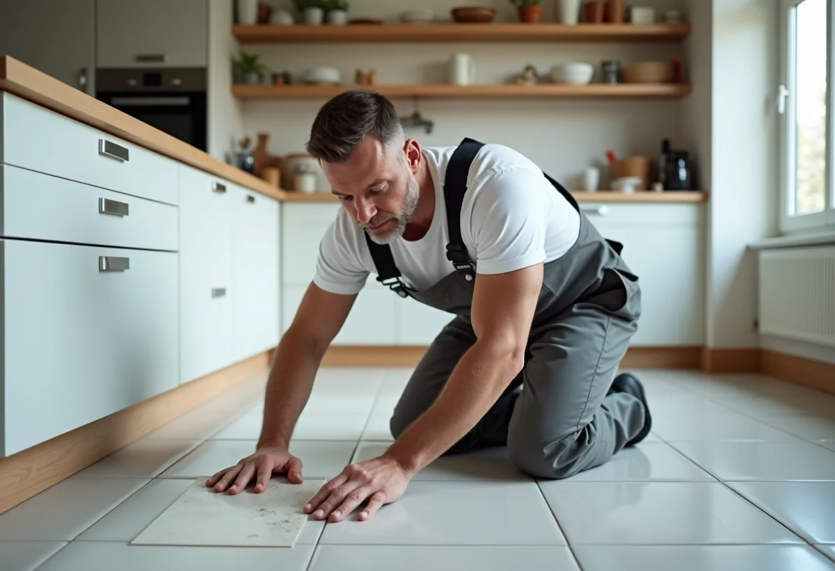 Carreleur homme en action dans une cuisine moderne