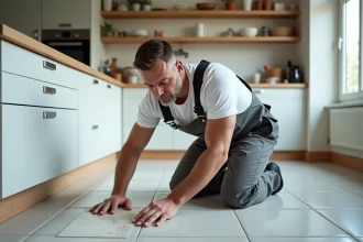Carreleur homme en action dans une cuisine moderne