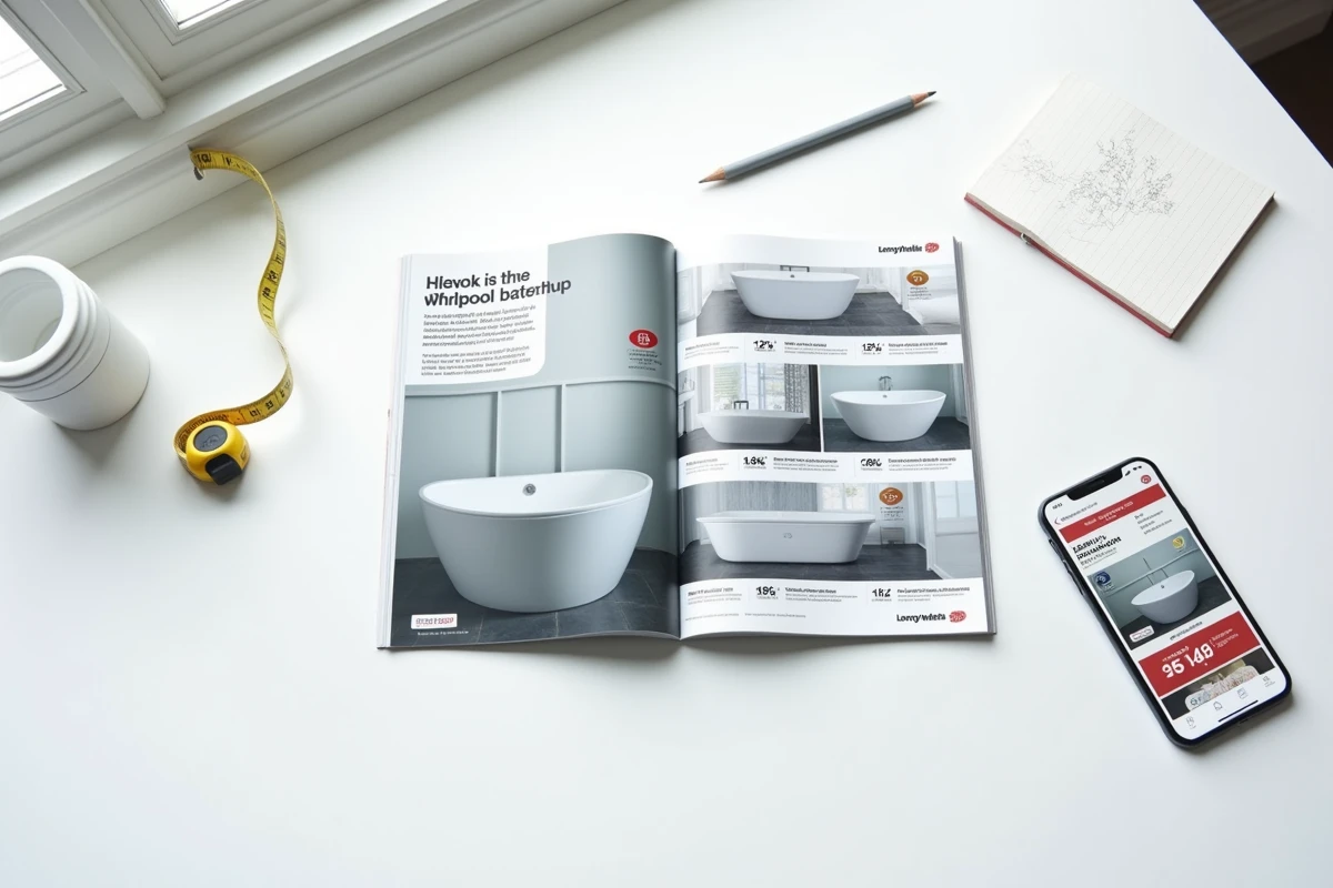 Catalogue Leroy Merlin ouvert sur les offres baignoires balnéo avec smartphone affichant une promotion et notes manuscrites