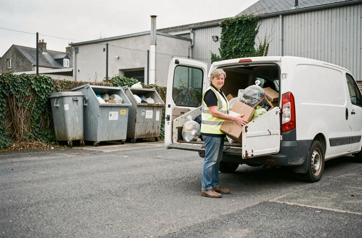 Femme supervisant le dépôt de déchets encombrants dans un centre de collecte à Pontivy