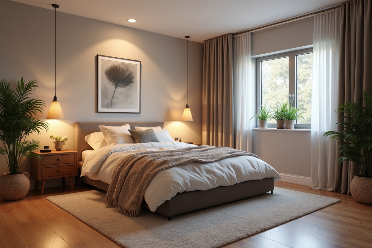 Chambre moderne et chaleureuse dans un sous-sol lumineux