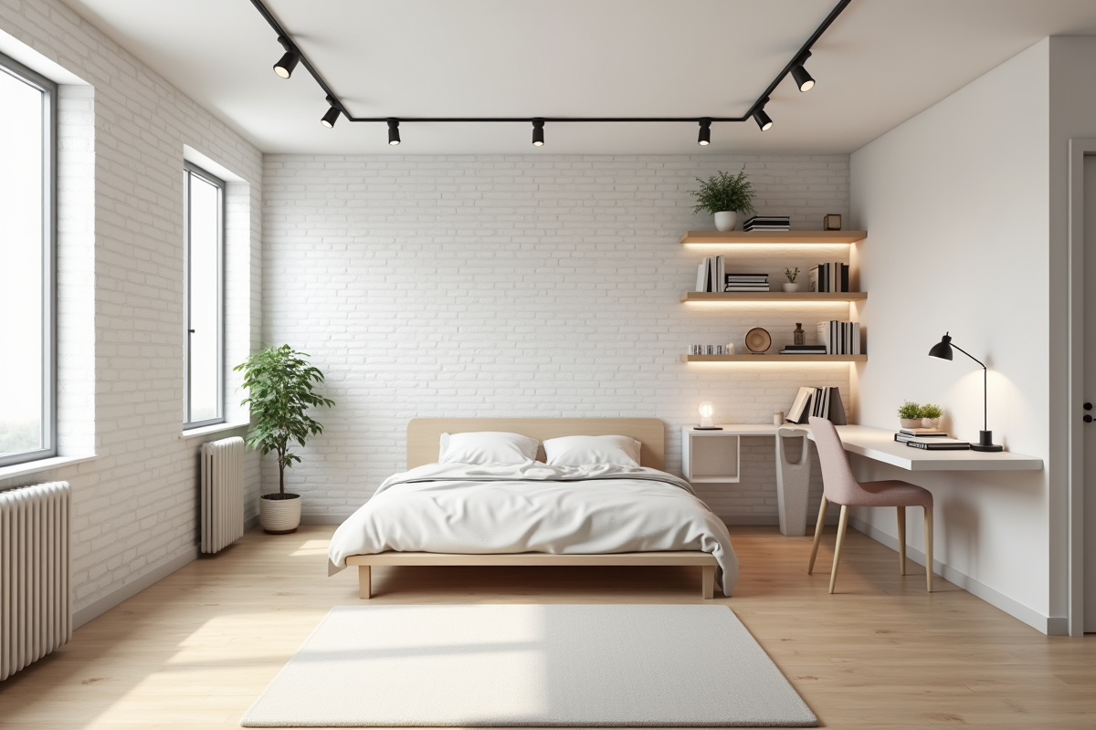 Chambre minimaliste avec mobilier blanc et sol en bois clair