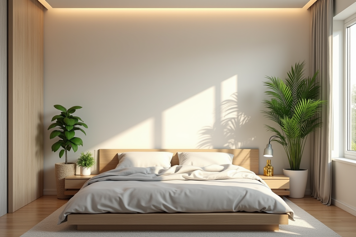 Chambre moderne et chaleureuse sans fenêtre avec plantes vertes