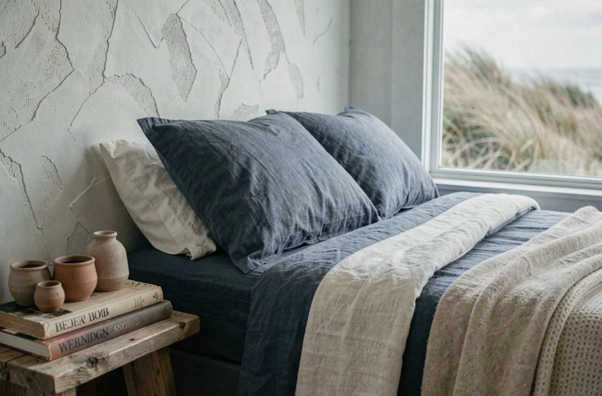 Chambre côtière avec linge de lit bleu ardoise, plâtre à la chaux et céramiques brutes sur une étagère en chêne