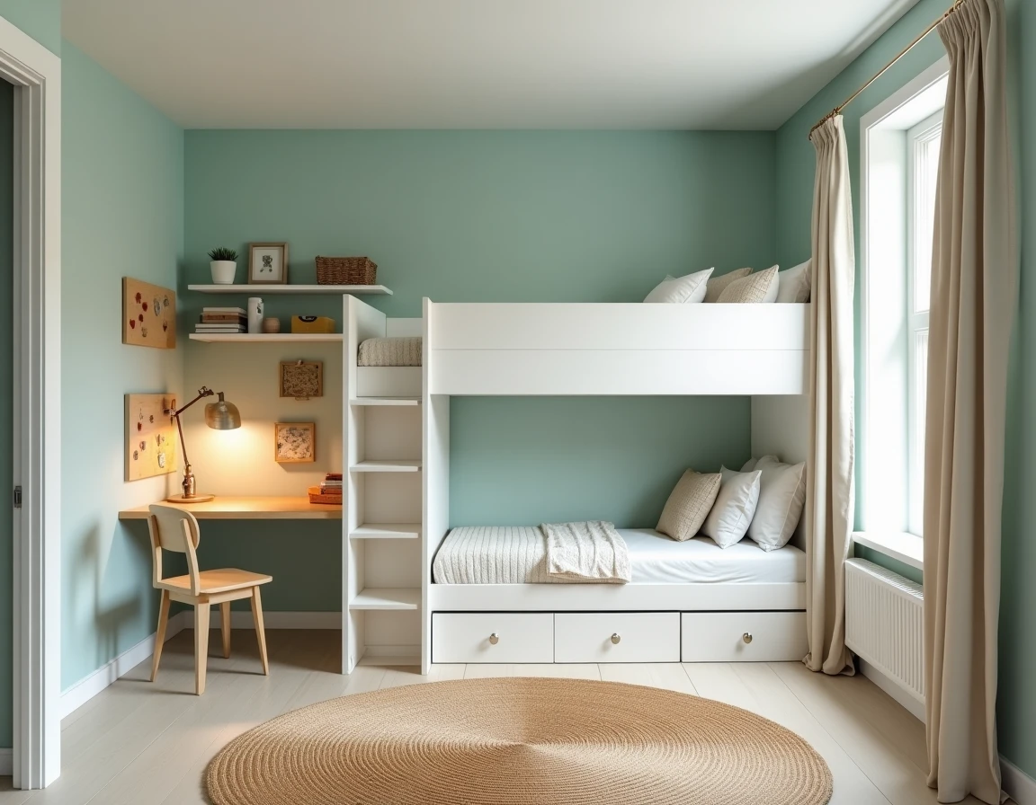 Chambre d'enfant moderne et évolutive avec lit mezzanine, coin bureau et rangements modulables