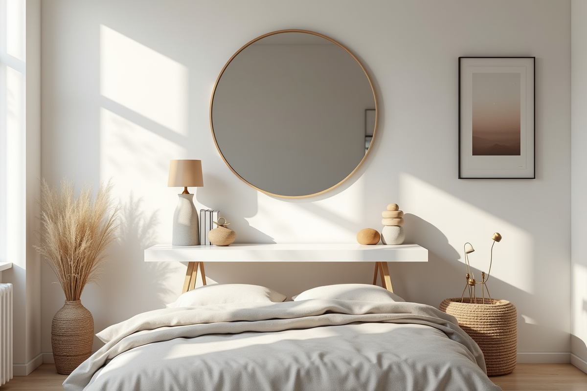 Chambre cozy avec miroir rond et decor minimaliste