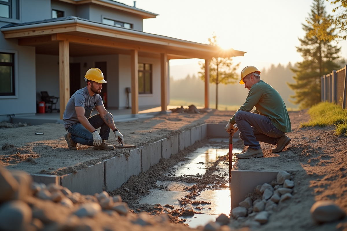 Travailleurs coulant les fondations d une maison moderne en plein soleil