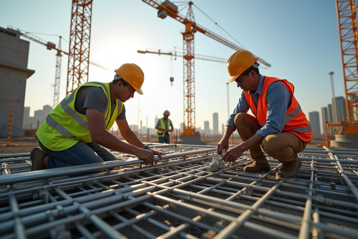 Chantier avec ouvriers et armatures en acier complexes