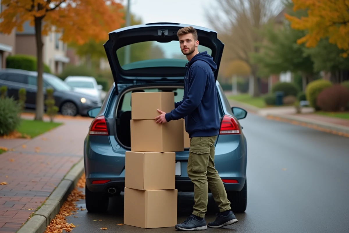 Homme chargeant des cartons gratuits récupérés dans le coffre de sa voiture avant un déménagement longue distance