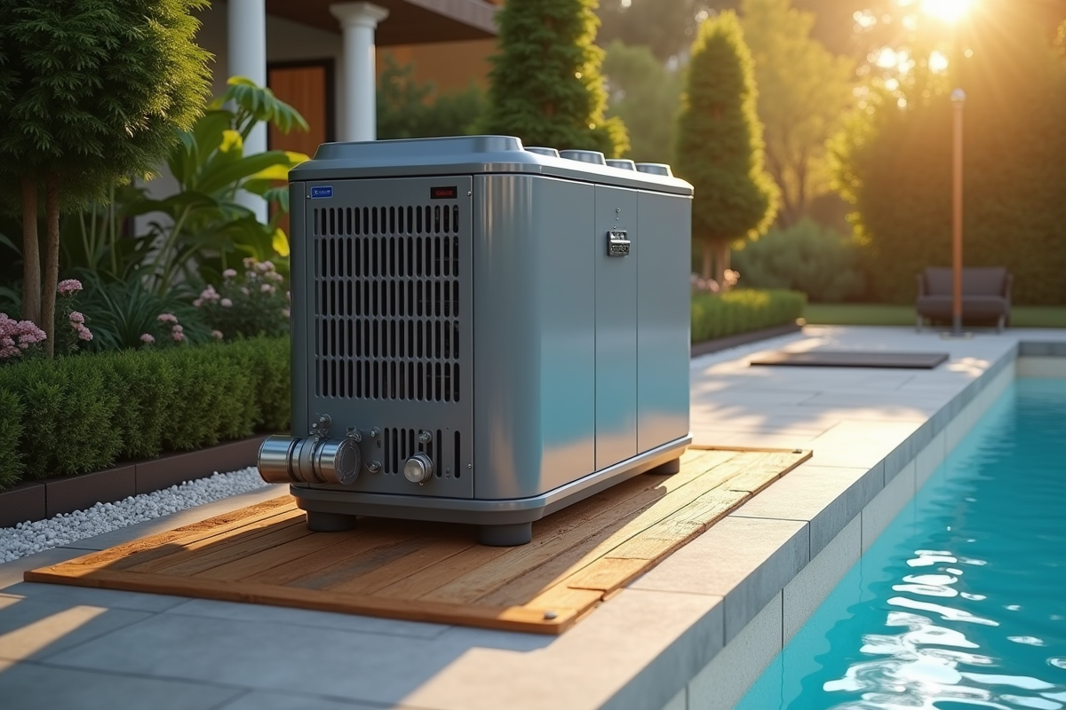 Chauffe-eau de piscine installé sur plateforme en bois avec sécurité
