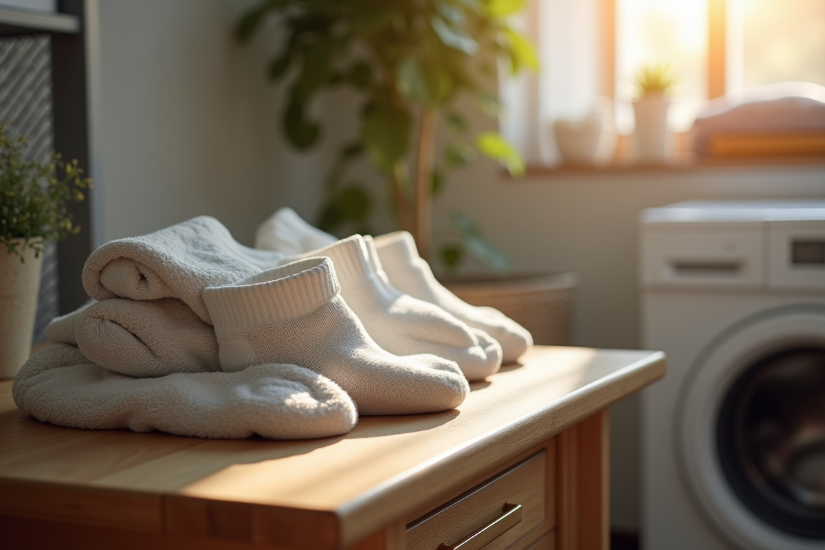 Piles de chaussettes propres et appairées sur une table en bois
